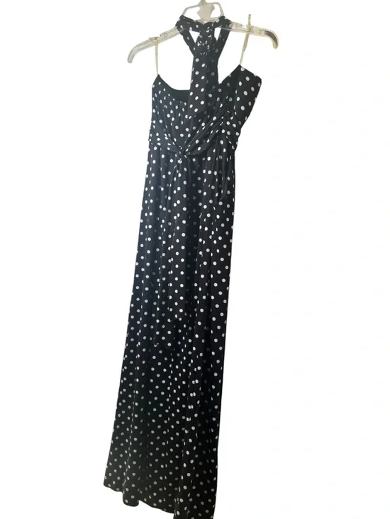 JFW Polka Dot Strapless Halter Maxi Dress Black w/ White Polka Dots Pockets W L - Picture 3 of 9